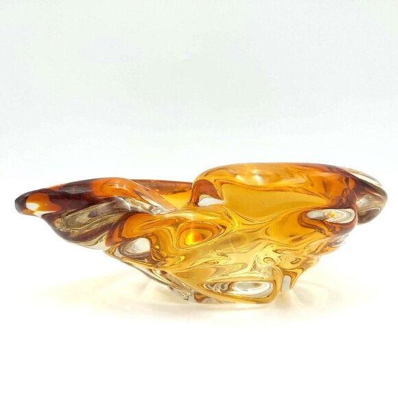 Amber Colored Glass Art Ashtray Table Decor Unsigned Possibly Murano or Chalet - Picture 4 of 8